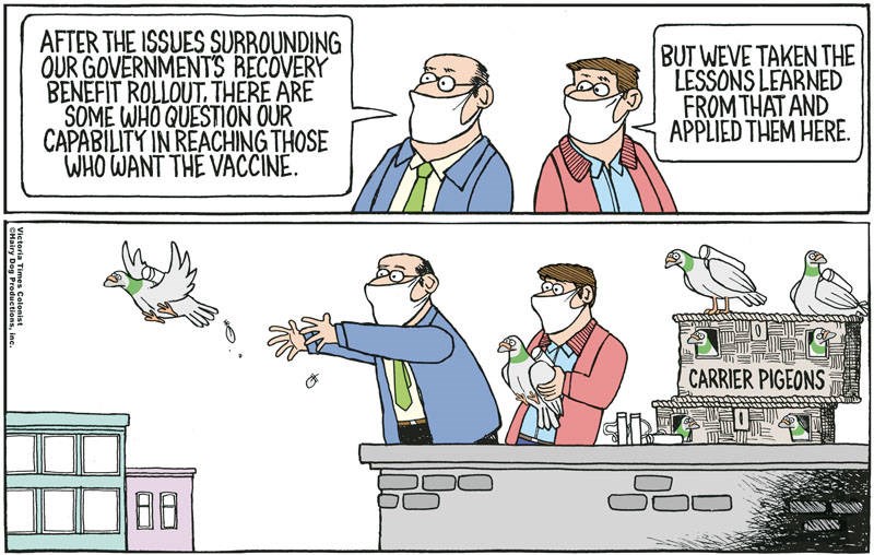 Adrian Raeside cartoon, Feb. 26, 2021, rolling out the vaccine