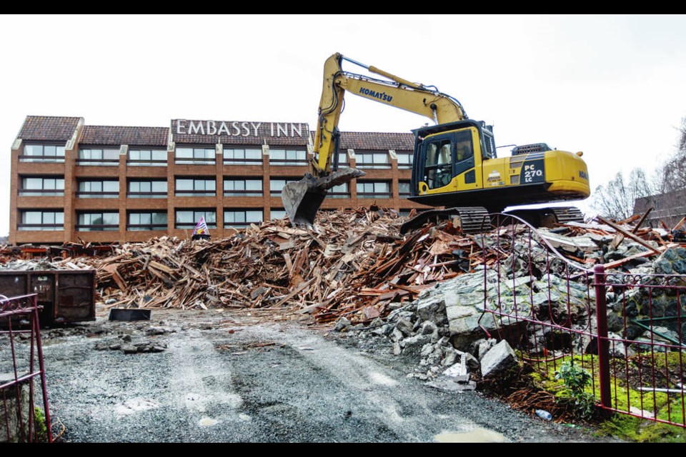 Demolition of a portion of the Embassy Inn on Menzies Street on Thursday, Feb. 26, 2021.  DARREN STONE, TIMES COLONIST