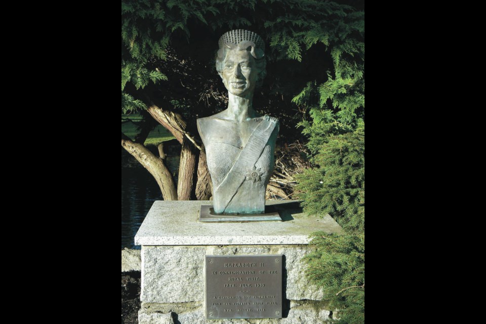 A bust of Queen Elizabeth at Beacon Hill Park, created in bronze by sculptor Arnold Price, based on one created by Peggy Walton Packard.   KEVSTAN via WIKIPEDIA