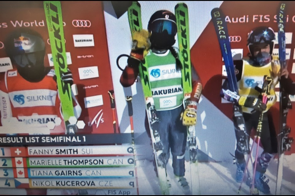 Tiana Gairns of Prince George, right, stands next to Fanny Smith of Switzerland and Marielle Thompson of Whistler after finishing third in the World Cup ski cross semifinal Saturday in Bakuriani, Georgia. Gairns went on to finish the competition eight overall. Smith came from behind in the women's big final and captured gold to lock up the Crystal Globe points championship. Thompson ended up fourth overall and ranks second in the standings with two stops left in the World Cup circuit.