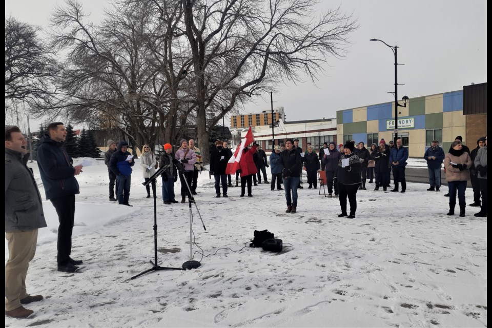A crowd of about 75 church goers attended a peaceful protest Saturday morning at the Prince George cenotaph in support of Edmonton pastor James Coates, imprisoned for providing church services which violated pandemic health orders.