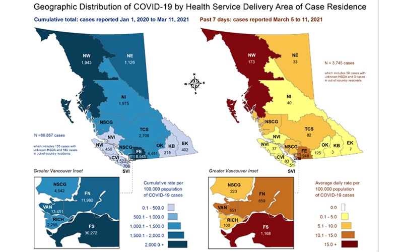 This map, produced by the B.C. Centre for Disease Control, shows a breakdown of COVID-19 cases by health service delivery area. Prince George is located in the Northern Interior (NI) health service delivery area, which is one of three in the Northern Health region.