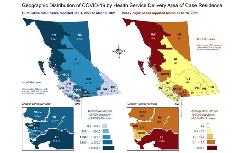 This map shows a breakdown of COVID-19 cases by health service delivery area. Prince George is located in the Northern Interior (NI) health service delivery area, which with the Northwest (NW) and Northeast (NE) make up the Northern Health region.