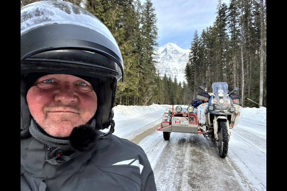 Winter is no deterrent for motorcycle adventurer Ron Bedard, who stopped on Highway 16 near Mount Robson on the cross-Canada leg of his 3 1/2-year trip to Tuktoyaktuk, N.W.T.