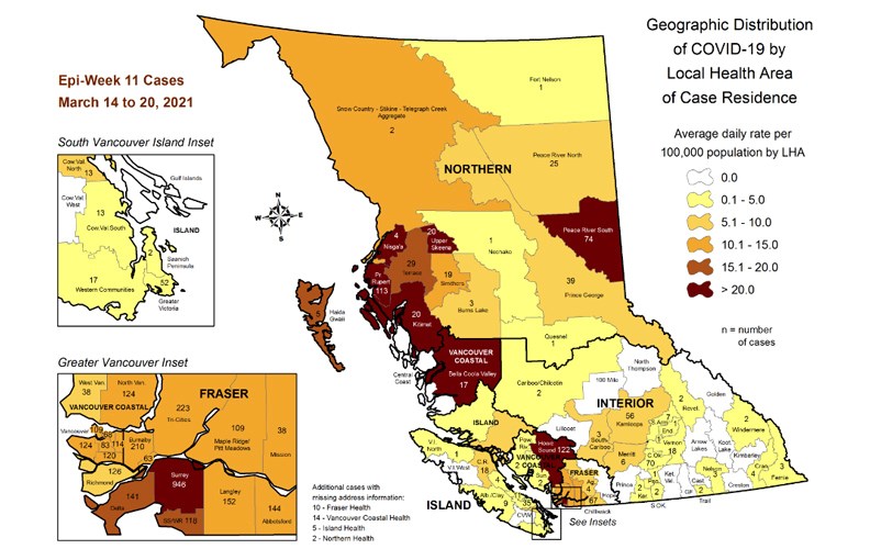 This map, produced by the B.C. Centre for Disease Control, shows a breakdown of new COVID-19 cases by local health area for the week of March 14 to March 20. During that week, the Prince George local health area – which includes Mackenzie and the Robson Valley – had 39 new cases.