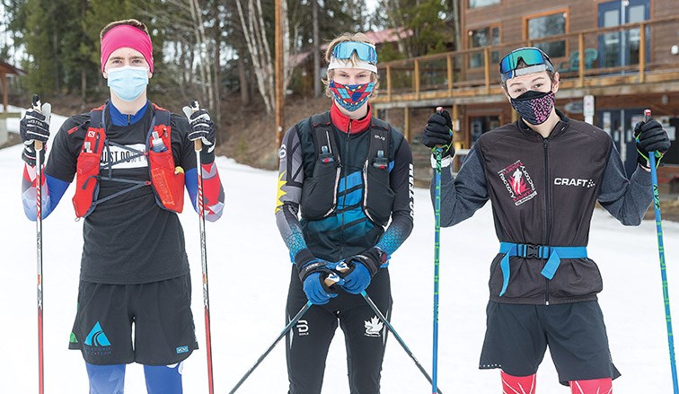 Citizen Photo by James Doyle/Local Journalism Initiative. From left, Martin Williamson, 18, Tyson Green, 17, and Josh Fiala, 16, pose for a photo prior to starting their 24 Hour Ski for Nordic Kids fundraiser on Saturday afternoon at Otway Nordic Centre.