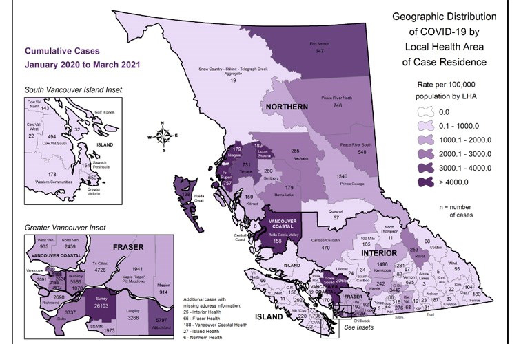 This map, provided by the B.C. Centre for Disease Control, shows a breakdown of COVID-19 cases by local health area from January 2020 to the end of March 2021.