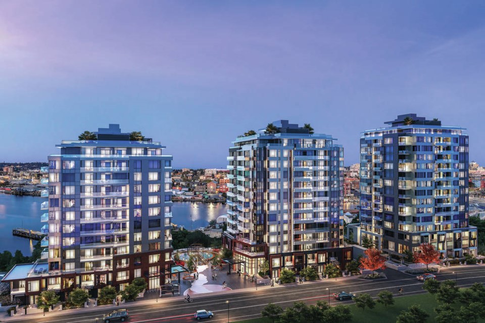 The resumption of construction at Dockside Green will begin with three residential towers. VIA BOSA DEVELOPMENT
