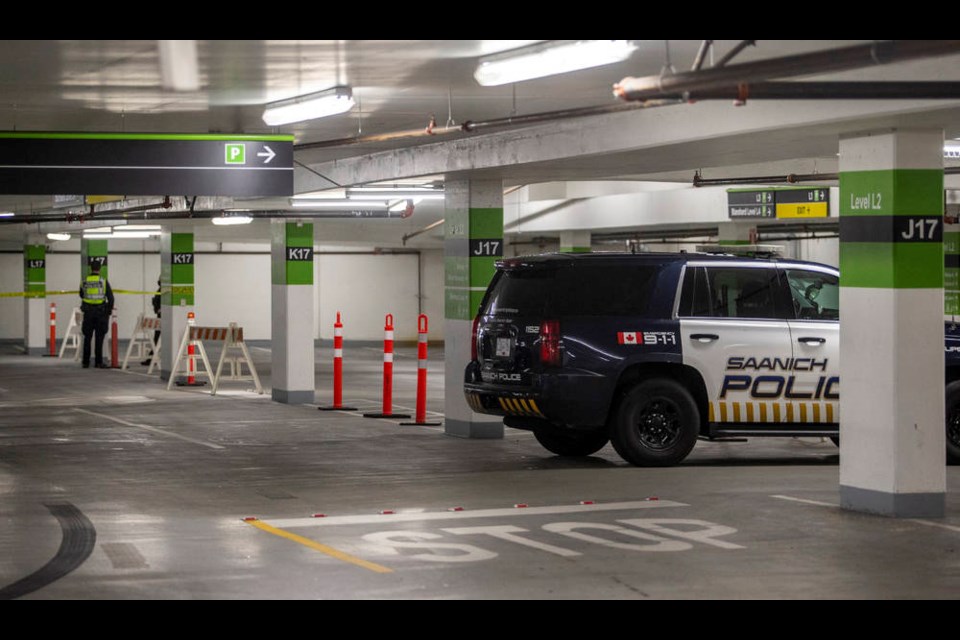 Saanich police are investigating after a vehicle drove through a wall in the parking garage at Uptown on Friday, April 9, 2021. DARREN STONE, TIMES COLONIST