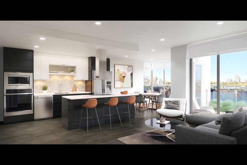 The Pearl Residences two bedroom kitchen/living room in dark palate.