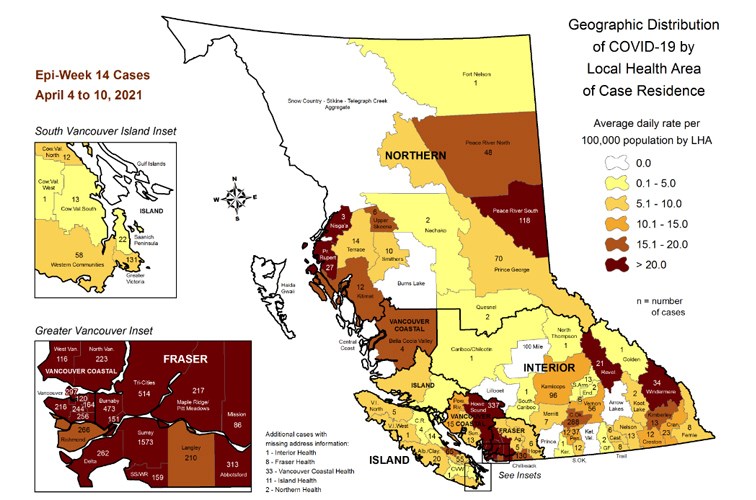 The map, provided by the B.C. Centre for Disease Control, shows a breakdown of COVID-19 cases by local health area for the week of April 4 to April 10. The Prince George area, which includes Mackenzie and the Robson Valley, had 70 cases during that period.