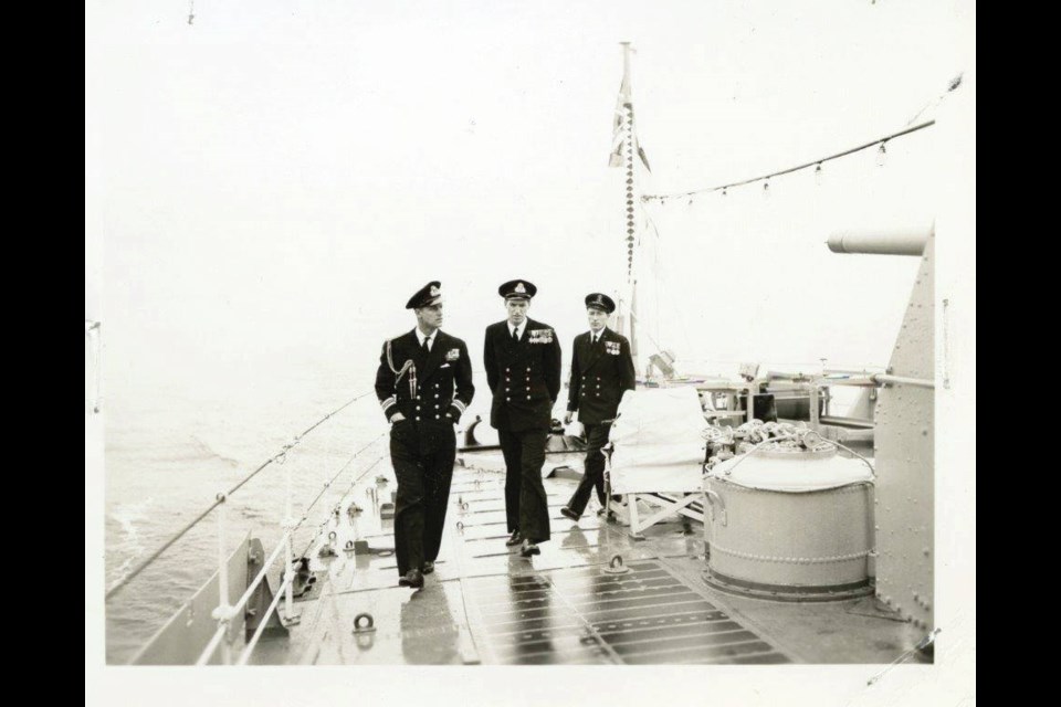 Prince Philip aboard HMCS Crusader making the trip from Vancouver to Victoria, Oct. 21, 1951.  Maritime Museum of B.C.