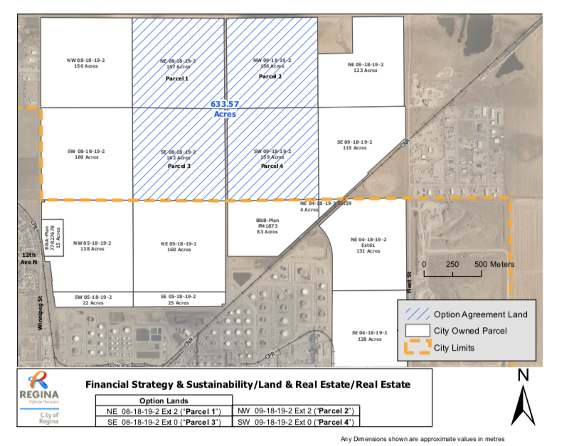 Map shows recent Regina land sale: striped lines show the 633.57 acres. ! City of Regina