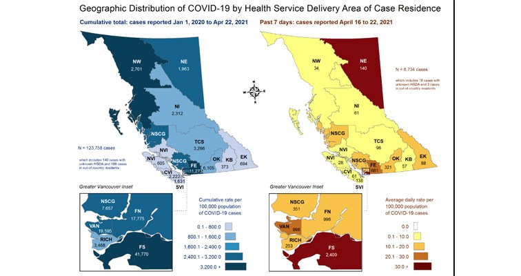 This map, produced by the B.C. Centre for Disease Control, shows a breakdown of COVID-19 cases by health service delivery area. Prince George is in the Northern Interior (NI) region, one of three that make up Northern Health.