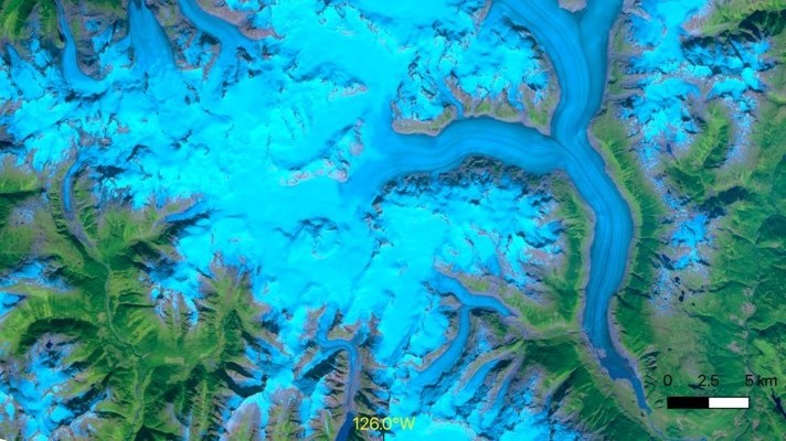 A satellite image of the Klinaklini Glacier and the Ha-Iltzuk Icefield in British Columbia as imaged by ASTER on Sept. 21, 2000. Klinaklini is also the name of the UNBC-Hakai supercomputer used to generate the digital elevation models for the study.