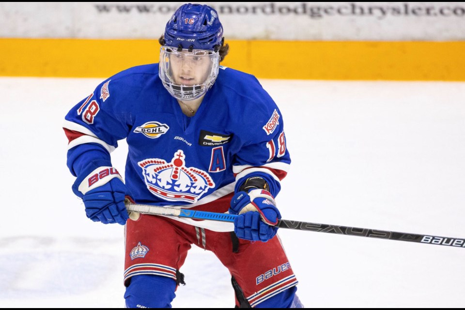 Spruce Kings left winger Kolton Cousins considers his options during Saturday's game in the BCHL pod in Chilliwack against the Merritt Centennials. The Cents scored four third-period goals and beat the Kings 6-5.