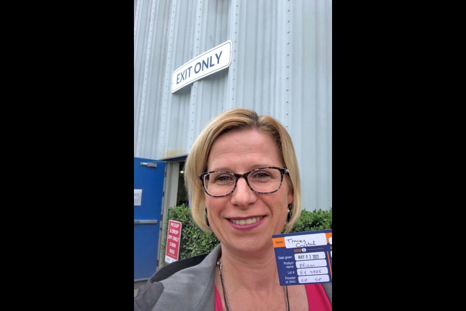 Tracey Crystal, a teacher at Tillicum Elementary, received her vaccine in Langford on Monday, May 3, 2021. COURTESY TRACEY CRYSTAL