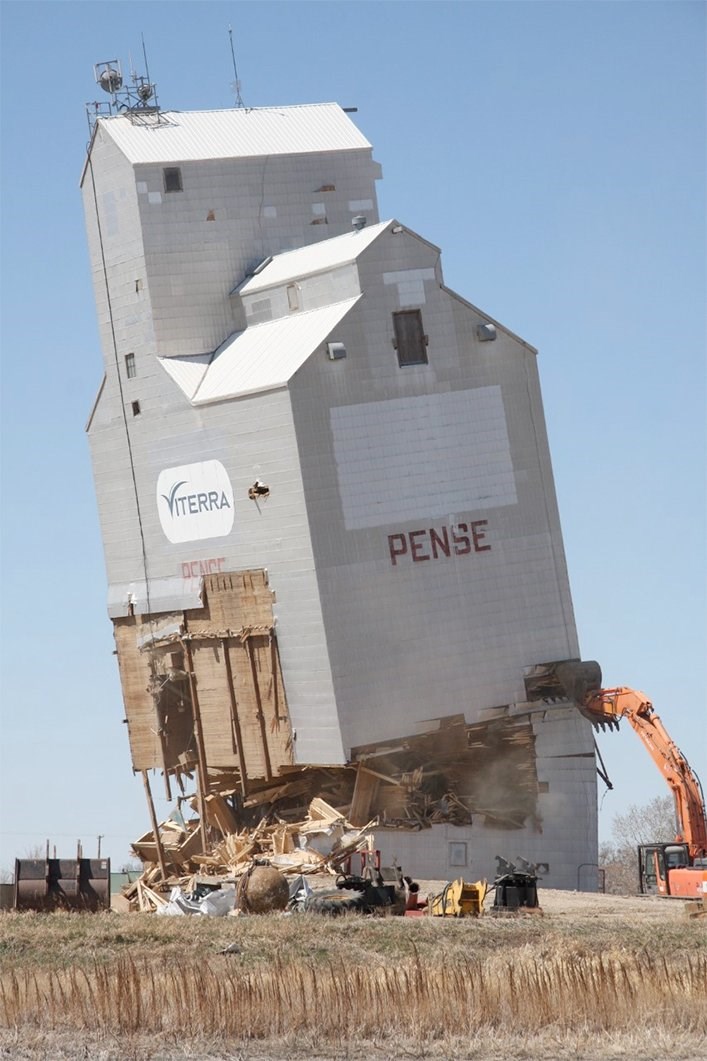 The last wooden grain elevator in Pense, Sask. was toppled May 3. | Karen Briere