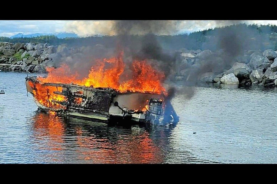 A blaze that destroyed two boats at Campbell Rivers federal Fishermans Wharf. Via Campbell River Fire Department