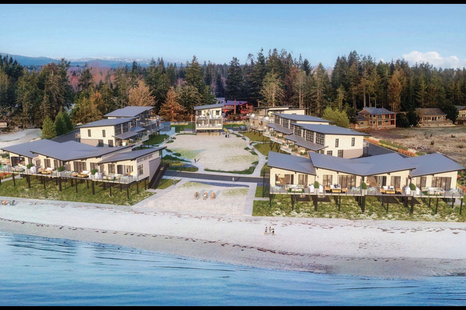 West Coast contemporary meets a hint of Fisherman’s wharf in the one- and two-storey buildings designed to harmonize with the natural surroundings and angled to optimize views of the beach and shoreline. Artist's 3D conceptual rendering.