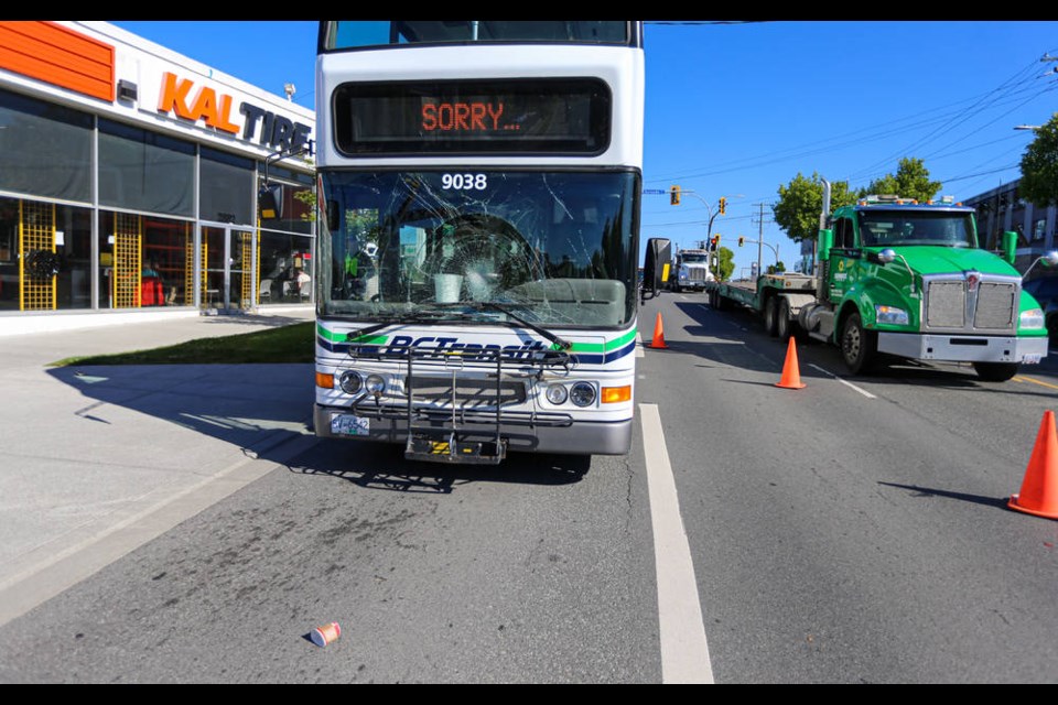 Traffic was slow going southbound on Douglas Street near the intersection with Burnside, after a B.C. Transit bus hit a pedestrian. ADRIAN LAM, TIMES COLONIST