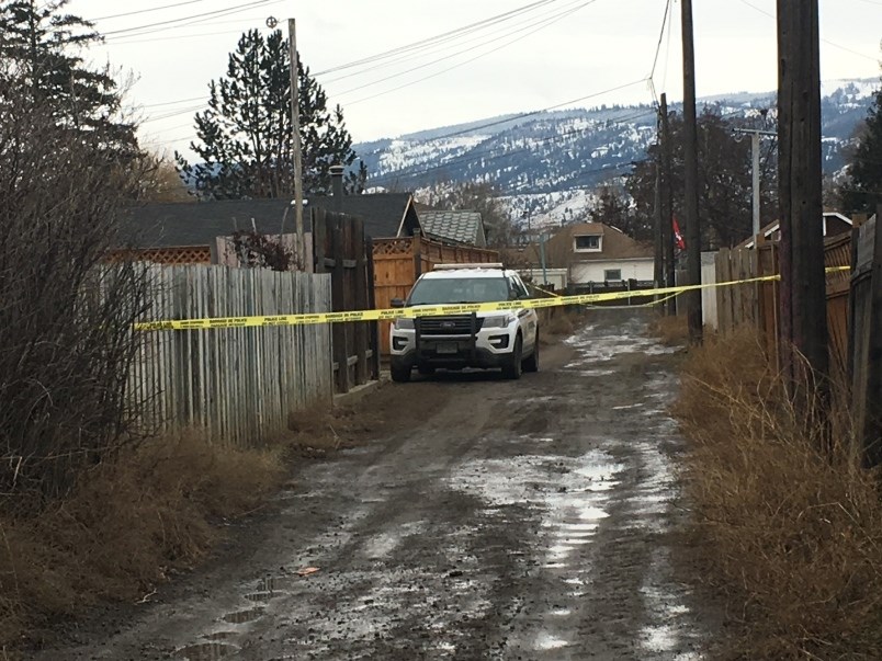 A police cruiser in the alley of Alexander Avenue behind a house where a shooting took place.