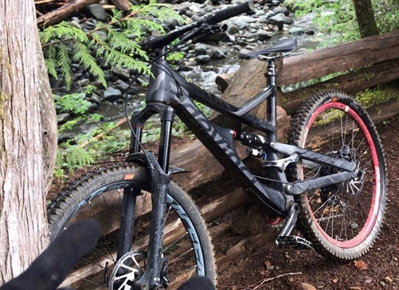 A 2017 black Devinci Spartan Carbon XL mountain bike, with black and charcoal lettering on the frame, custom handle bars, a red "Spank" rear rim, Rock-shox front suspension and "Schwalde" Big Barry tires was stolen from a Douglas Street hotel on Friday, June 4, 2021. VIA VICTORIA POLICE DEPARTMENT