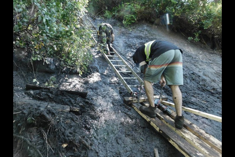 Workers install a temporary ladder between Mystic Beach and Bear Beach. This section of the Juan de Fuca Marine Trail reopened to hikers this week. JAMES McBEATH