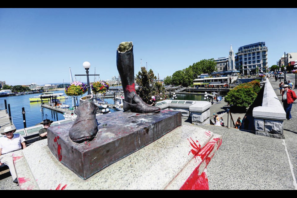 The toppling of the statue of Capt. James Cook in Victoria on Canada Day has prompted discussion about reconciliation and revenge. ADRIAN LAM, TIMES COLONIST
