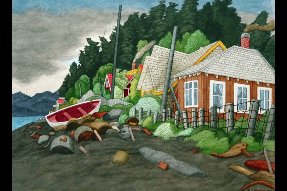 Houses, Qualicum Beach, is part of the exhibition E.J. Hughes: Works On Paper at Madrona Gallery.