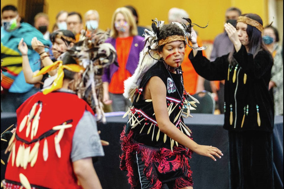 The Lekwungen Traditional Dancers, including Tijan Tunkara, 11, centre, and Aaliyah Joseph, 17, right, open the event as South Island chiefs and councils gather to sign a public letter addressing recent incidents of violence and vandalism.  DARREN STONE, TIMES COLONIST
