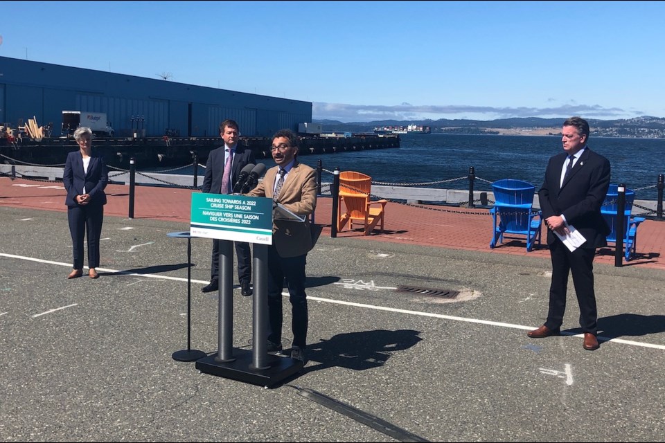 Federal Transport Minister Omar Alghabra makes an announcement about the end of a prohibition on cruise ships in Canadian waters on Thursday, July 15, 2021. DARREN STONE, TIMES COLONIST