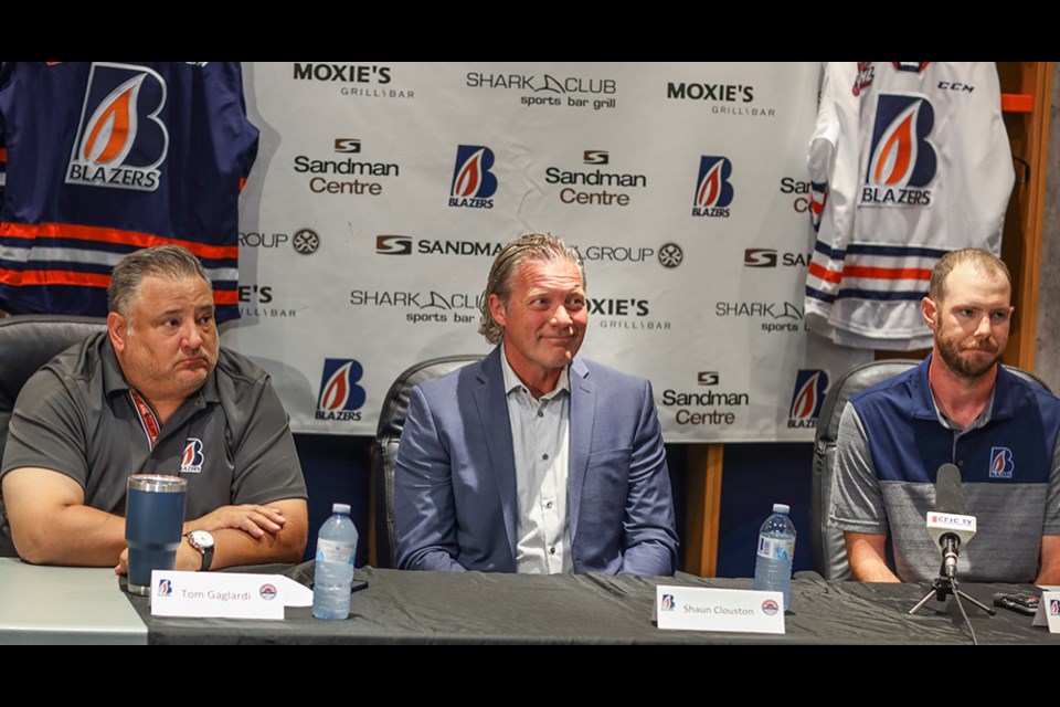 Kamloops Blazers’ majority owner Tom Gaglardi (from left), head coach and general manager Shaun Clouston and assistant GM Tim O’Donovan spoke to media on Tuesday at Sandman Centre.