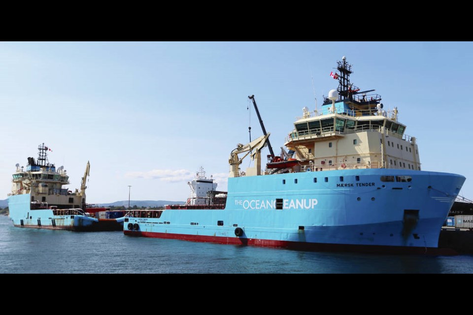 Maersk Trader, right, and Tender are docked at Ogden Point, They are ­heading out this week to the Great Pacific Garbage Patch, where they will test a new system to trap ocean plastics. ADRIAN LAM, TIMES COLONIST