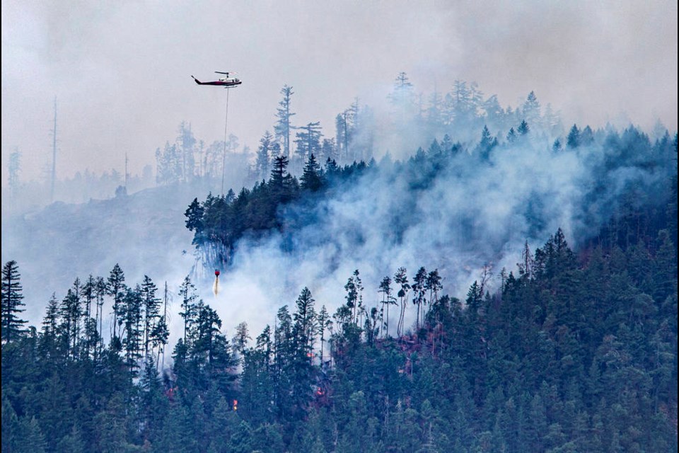 A helicopter drops fire retardant on a 70-hectare wildfire burning on the east side of Mount Hayes, near Ladysmith, on Friday. DARREN STONE, TIMES COLONIST