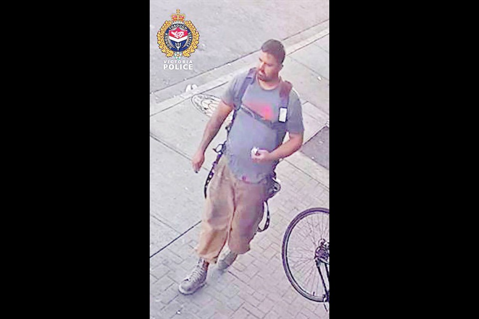 A suspect involved in a theft of B.C. Emergency Health Services medical equipment on Friday Aug. 6, 2021, in the 500-block of Ellice Street. VIA VICTORIA POLICE DEPARTMENT