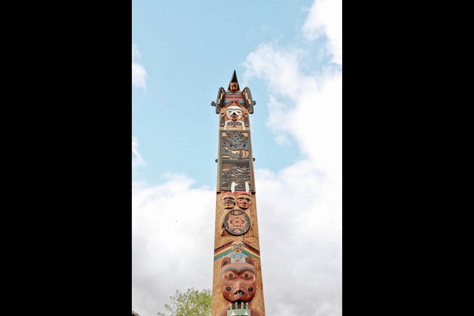 The totem pole, carved by a team led by Tim Paul, stands near the spot in Port Alberni where Roger Street meets Victoria Quay, on ­Tseshaht territory and San Group property. The Langley-based company helped move the pole from Harbour Road to its final ­location. SANPORT