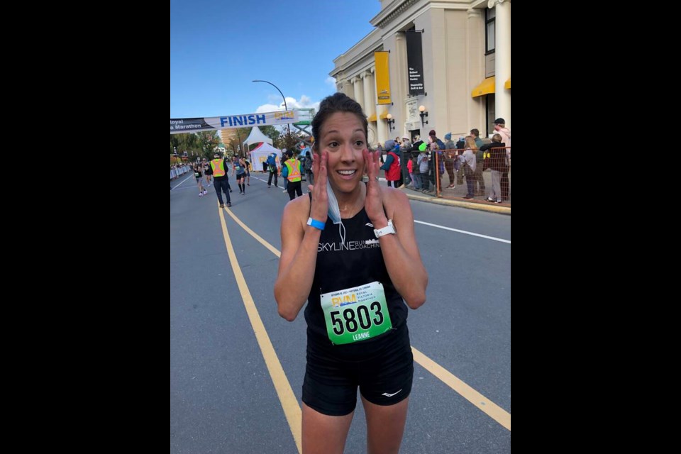 Leanne Klassen of Calgary was women's half-marathon winner in unofficial 1:17:18.    TIMES COLONIST.  Oct. 10, 2021