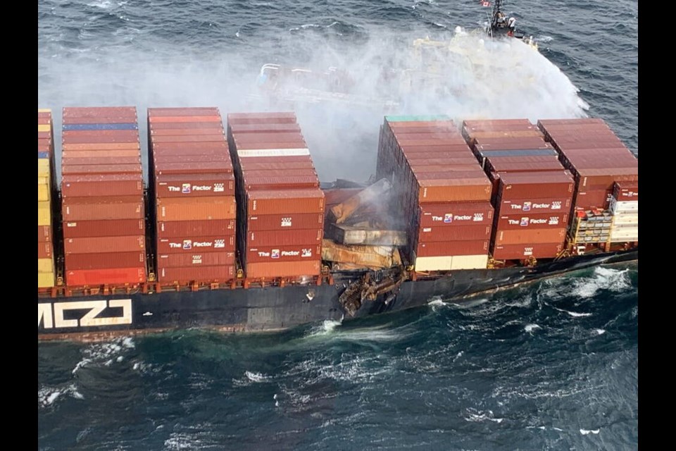 Containers that caught fire aboard Zim Kingston, anchored off Victoria, collapsed onto themselves. CANADIAN COAST GUARD. Oct. 24, 2021
