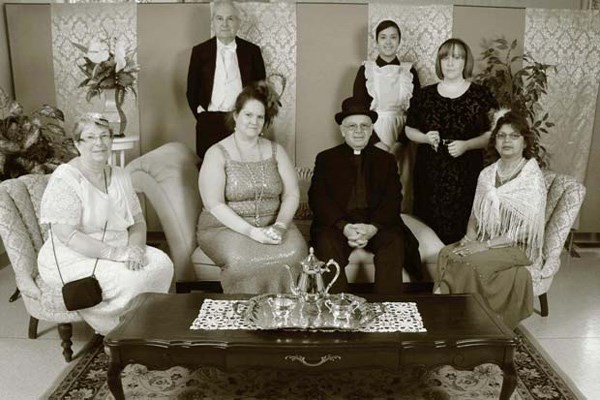 Tea time: St. Stephen the Martyr church in Burnaby recently hosted a Downton Abbey-style tea, complete with period costumes. In back, from left: Bob Rusch, Amanda Bowie and Sarah Pridy. In front, from left: Elaine Renforth, Colleen Butterley, and Gary and Joy Hamblin.