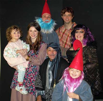 Royal City contingent: New Westminster residents are appearing onstage in Ellie King's Sword in the Stone. Clockwise from back left: Christopher Lewis McLeod (G'norman the Gnome), Stephen Elcheshen (Owen Money), Kerri Norris (Morgana la Fey), Aeron Elcheshen (G'nigel the Gnome), John More (Grandpa Jones), and Jackie Bruce (dance captain/Magic Mirror) with Cayleigh Elcheshen.
