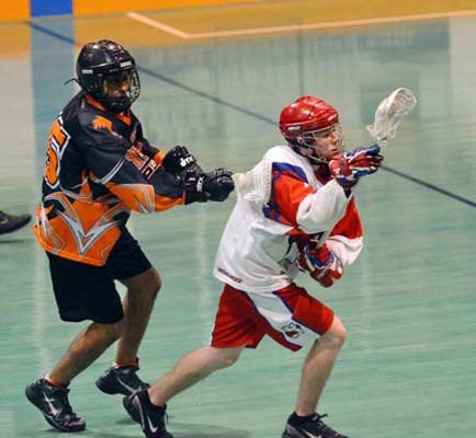 B ball: The New Westminster Salmonbellies lost 8-5 to the Richmond Roadrunners in B.C. intermediate B lacrosse at Queen's Park Arena Sunday.