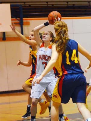 Bejewelled: The New Westminster Hyacks lost 66-56 to the Salmon Arm Jewels at the Massey gym on Thursday.