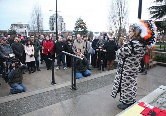 Chief Sandra Laframboise, from the Dancing to Eagle Spirit Society speaks to the crowd at New Westminster City Hall during the Justice for January rally on Jan. 5.