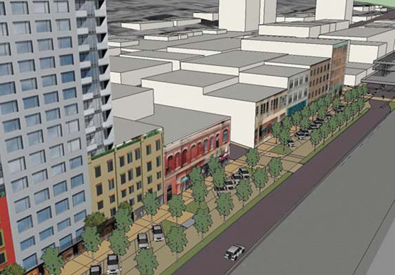 No more parkade: Image shows what Front Street could look like with parkade removed, new back-in angled parking and landscaping. This image is Front Street looking east.