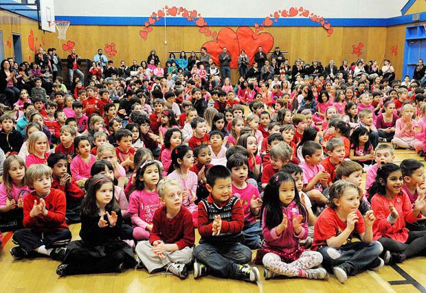 True colours: Herbert Spencer Elementary students at the school's anti-bullying assembly on Pink Shirt Day, held on Wednesday.