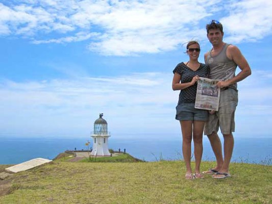 Down Under: James Garbutt and Diana Martins-Garbutt took their Record on their honeymoon in December 2010 - here, they're at Cape Reinga, New Zealand, the country's northernmost point.