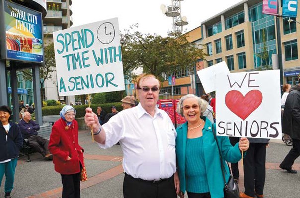 Familiar faces: Former city councillor Calvin Donnelly and Coun. Betty McIntosh attended the Stand for Seniors event held Monday at Sixth and Sixth. Both longtime residents are familiar faces at seniors' events in the Royal City.