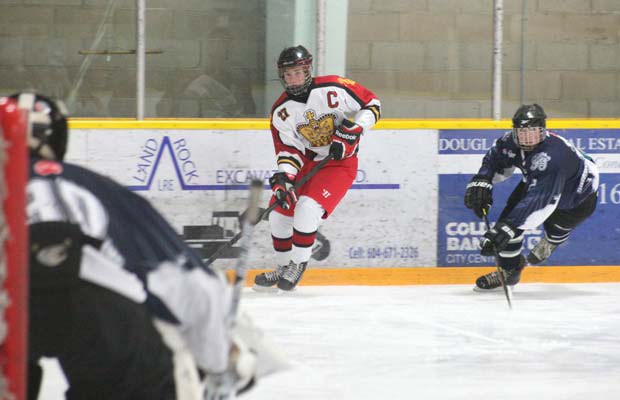 Leading by example: Team captain Miller Cressman, right, scored a goal to lead New Westminster to a 3-2 win over Fort St. John at the Burnaby Winter Club bantam A2 hockey tournament last weekend. Ben Manville and Philip Tashin, on a great shot, also tallied for the A1 Royals. Evan Brydon, Taylor Seganfreddo and Jacob Chiu assisted on the goals. Connor Suffron-Sperger made 21 saves in the New West net.