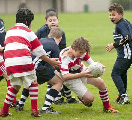 Getting started: Burnaby Lake youth, in blue, had a ramble against the Vancouver Rowing Club at the rugby club's mini jamboree at Burnaby Lake Sports Complex-East last Saturday.
